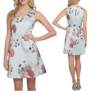CeCe Sleeveless V-Neck Floral Fit & Flare Mini Dress Women's 14 Blue Satin Party